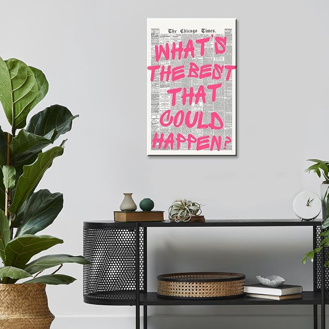 Whats The Best That Could Happen Wall Art Retro Newspaper Pink Font Canvas Poster Positive Affirming Quote Minimalist Prints Painting For Home Bedroom Dorm Wall Decor Aesthetics 12x16in Unframed