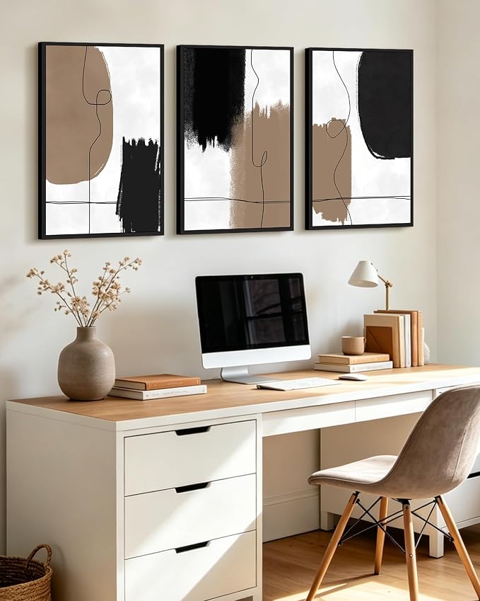 KUVIOKE Neutral Abstract Framed Wall Art Beige Mid Century Textured Wall Decor Minimalist Line Modern Illustrations Art Print Home Decor 16x24in (Black Framed)