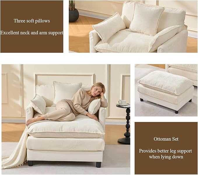 Oversized Accent Chair with Ottoman, Chenille Cloud Single Sofa Upholstered Double-Layer Seat Lounge Armchair with Pillows for Living Room Reading Apartment, Beige