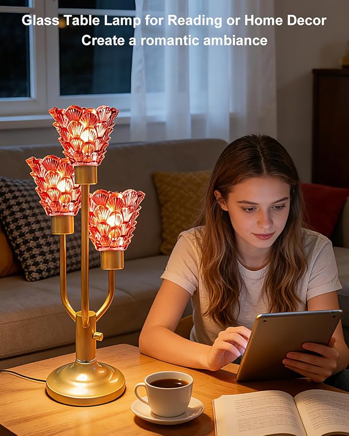 Lightdot Mid Century Modern Table Lamp for Living Room Dimmable Nightstand Lamp Red Glass Vintage Gold Desk Lamp 3 Bulbs Included Warmwhite Ambient Bedside Lamps for Bedroom Home Office Decor Gift