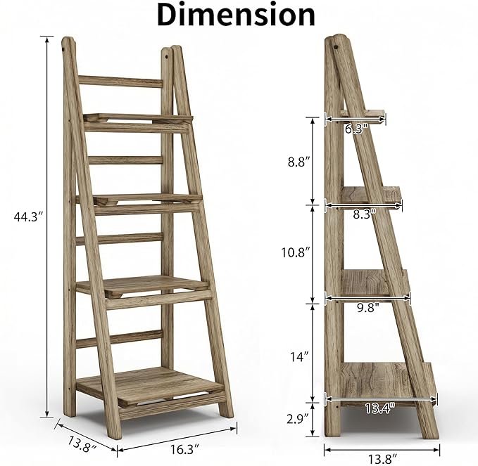 Ladder Shelves - Folding Wooden Ladder Bookshelf, 4-Tier Retro Plant Stand Storage Shelves for Home Living Room, Light Brown