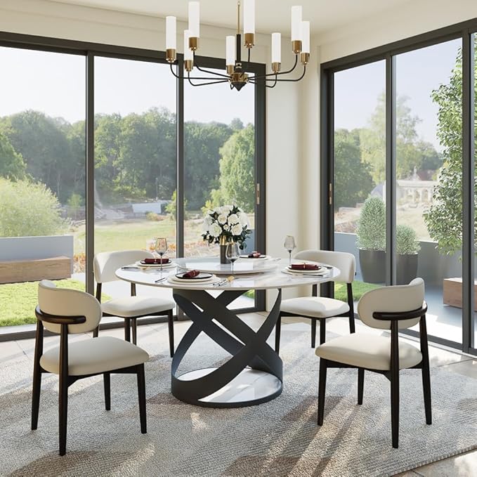 POVISON 51" Modern Dining Table, Glossy White Round Dining Table for 4 Built in Lazy Susan, Sintered Stone Dining Tabletop with Black X Carbon Steel Base (Table Only)