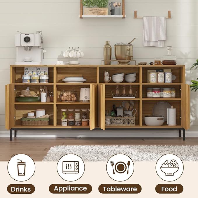 COCO DESIGN 70" Buffet Sideboard Cabinet with Fluted Panel Doors, Large Credenza Console with Power Outlet & Adjustable Shelves, Modern Storage Cabinet for Kitchen & Living Room, Oak