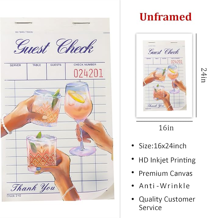 Funky Retro Wall Art Guest Check Poster Blue Minimalist Wall Prints Cheers Canvas Wall Art Bar Cart Pictures Preppy Modern Paintings Vintage Alcohol Posters for Living Room Bedroom 16x24in Frameless