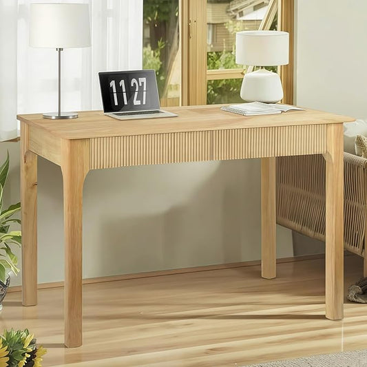 47.2'' Solid Wood Desk with 2 Drawers, Mid Century Modern Home Writing Office Wooden Desk,Vintage Computer Table with Storage for Living Room, Bedroom, Fluted Design (Natural, 47.2 Inch)