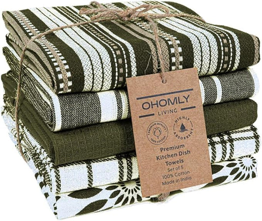 Assorted Kitchen Towels Set of 5-100% Cotton Dish Cloths Towels with Hanging Loop - Soft, Absorbent & Washable for Kitchen Use - Quick Drying Dish Towels 16x26 Inch Green