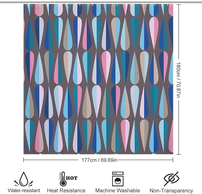 Mid Century Shower Curtain,Modern Colorful Abstract Geometric Drop Shapes Bathroom Curtain Polyester Waterproof Fabric Decor 72x72in（183x183cm）