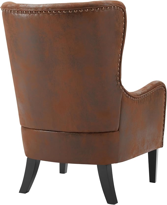 Mid-Century Modern Wingback Chairs Set of 2, Accent Club Chair with Nailhead Trim, 2 Piece Faux Leather Armchair Sofa for Living Room Single Sofa Armchair Office