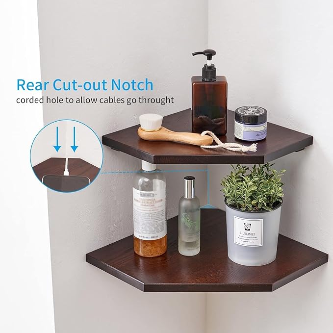 Corner Wall Shelves, Corner Floating Shelves Set of 2 Solid Oak Wood Display Shelf with Wire Hole Small Plant for Kitchen Living Room Dark Walnut 13.5inch