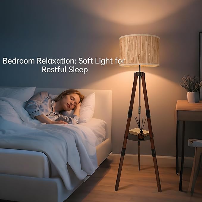 Floor Lamps for Living Room Tripod Floor Lamp Natural Raffia Straw Shade Tall Standing Lamp, Dimmable Industrial Reading Light for Living Room, Bedroom, Office