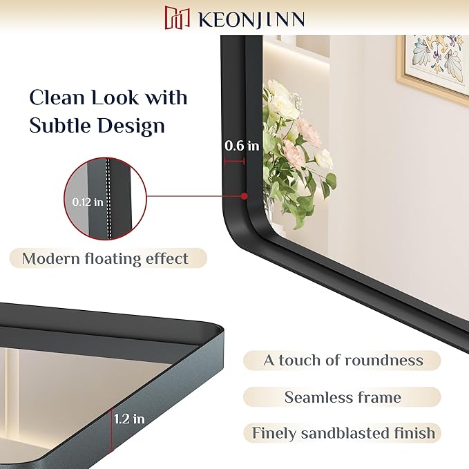 Keonjinn Black Bathroom Mirrors for Over Sink, 48” x 30” Large Rounded Rectangle Bathroom Vanity Mirror, Matte Black Modern Decorative Wall Mirror, Anti-Rust, HD Tempered Glass(Horizontal/Vertical)