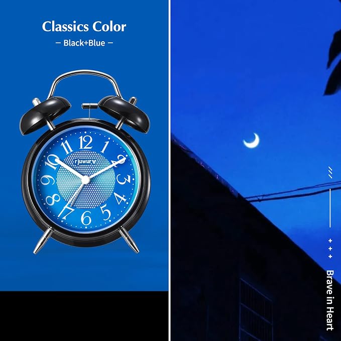 Rjuwurv 4" Twin Bell Alarm Clock with Night Light - Desk & Bedroom Alarm Clock (Midnight Blues)