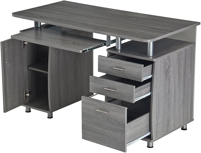 Techni Mobili 48'' W Computer Desk with File Cabinet and Drawers, Storage Cabinet with Removable Shelf and Ventilation for CPU, Home Office Desk or Computer Workstation with Keyboard Tray, Grey