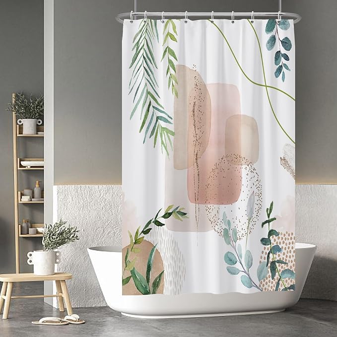 Baocicoo Minimalist Leaves Shower Curtain - Modern Abstract Geometric Botanical Shower for Bathroom, Family, Camping, Hostel - Polyester with Hooks - 48x72 Inches