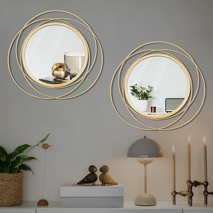 2 Set Circle Mirrors for Wall Decor for Living Room Bedroom Bathroom Entryway Metal Round Mirror Decorative Hanging Mirrors Sun Bohemian Geometric Accent Sculpture -Gold 13 in