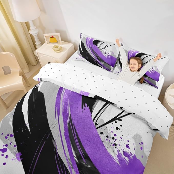 Erosebridal Black and Purple Duvet Cover | Geometric Striped Bedding Sets for Girls Modern Contemporary Art Bed Set Boys Adults Boho Minimalist Aesthetic Art Bed Cover Twin 2 Pieces