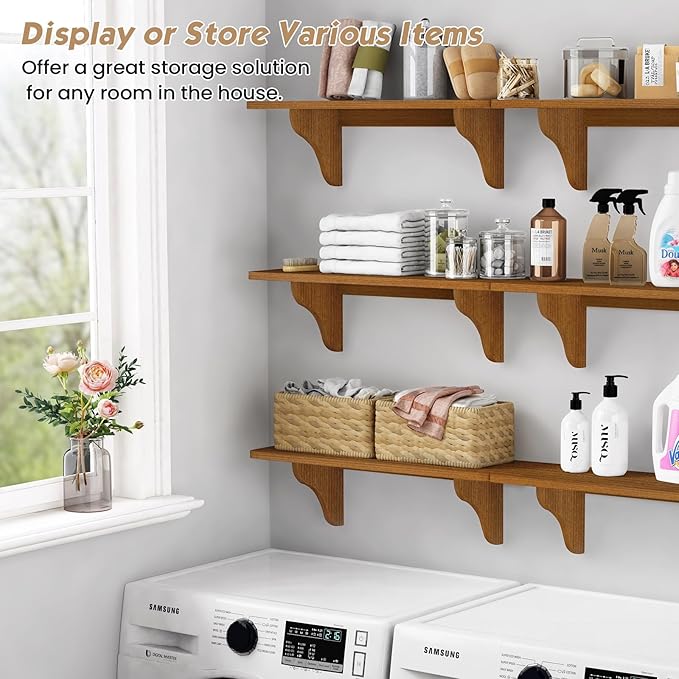 Forbena Wooden Floating Shelves for Wall Set of 3, 24 Inch Wall Shelf for Bedroom, Dark Wood Arched Hanging Wall Shelves for Bedroom, Living Room, Office, Nursery, Dining Room (Walnut Brown)