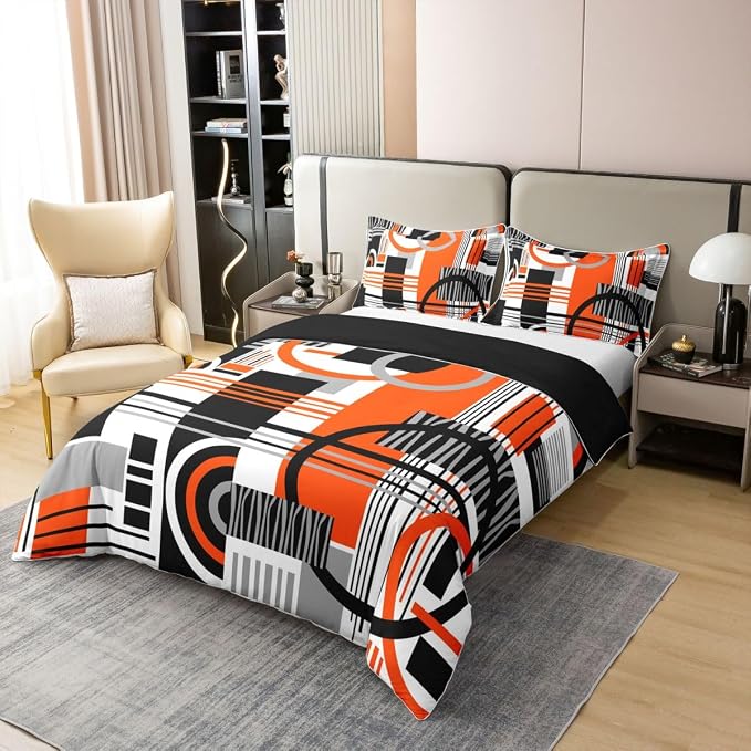 Erosebridal Art Deco Mid Century Duvet Cover Set Retro Modern Abstract Geometric 100% Cotton Comforter Cover Black and White Orange Circles Stripes Full Size Bedding Sets, Contemporary Bed Set