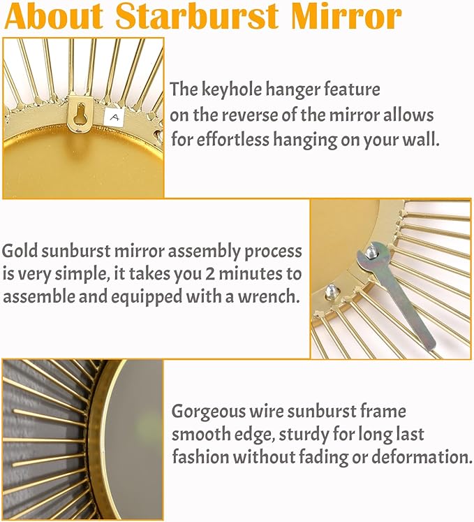 24'' Large Gold Sunburst Mirror, Metal Starburst Mirrors, Mid-Century Modern Sun Mirror Wall Decor for Living Room, Bedroom, Bathroom, Hallway, and Entryway
