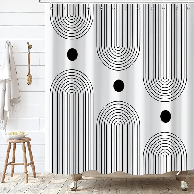 White and Black Extra Long Shower Curtain, Boho Minimalist Mid Century Modern Arch Geometric Machine Washable Waterproof Fabric for Bathroom Bathtub Decor with Hooks 72Wx78H