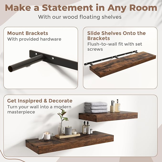 12" Deep Floating Shelves for Wall with Invisible Brackets, Wall Mounted Engineered Wood Shelves with Wood Grain for Living Room, Bedroom, Kitchen Decor and Storage, 55"L Set of 1, Rustic Brown