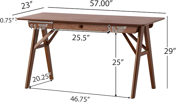 Anwick 57 Inch Writing Desk with Drawers, Walnut Desks for Small Spaces,Modern Home Office Desk for Bedroom, Writing Table with Solid Legs for Work and Study, Walnut Finish, Mid Century (Walnut, 57’)