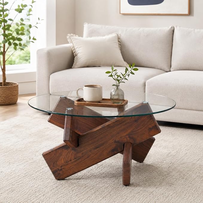 Round Glass Coffee Table, 33.4 Inch Clear Tempered Glass Top Coffee Table with Walnut Crossed Legs, Modern Small Glass Center Table for Living Room Home