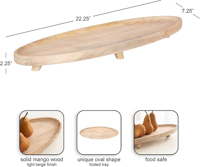 Kate and Laurel Tomaz Modern Decorative Mango Wood Oval Footed Tray, 23 x 7, Light Natural, Transitional Food-Safe Wooden Coffee Table Tray with Elevated Design and Unique Oval Shape