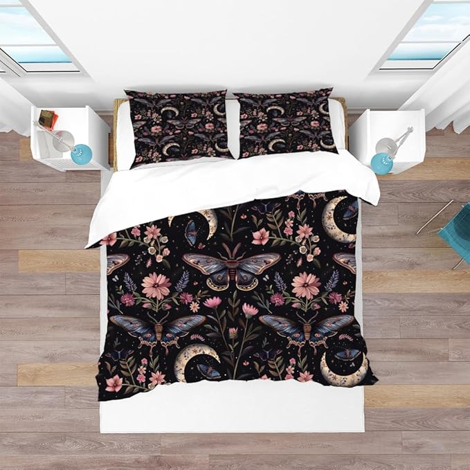 Dark Botanical Butterfly Duvet Covers Twin Size Fantasy Butterflies Fairy Monarch Inspiration Animal Dreamlike Night Garden Theme Comforter Cover 3 Piece Duvet Cover+2 Pillowcases 68"x88"