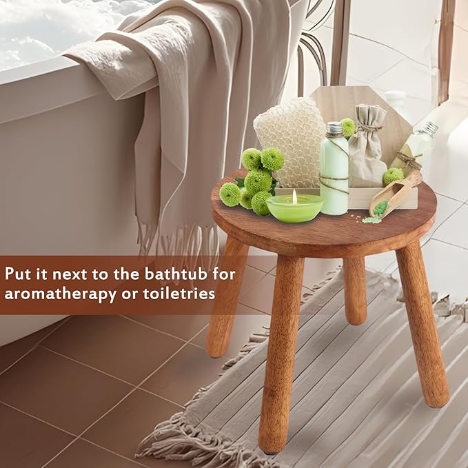 Round Solid Wooden Step Stool Garden Stool 15.8''H Plant Stool Wood Legs Detachable for Plant Stand, Kitchen, Bathroom Bedroom Livingroom (Walnut, 15.8inch)