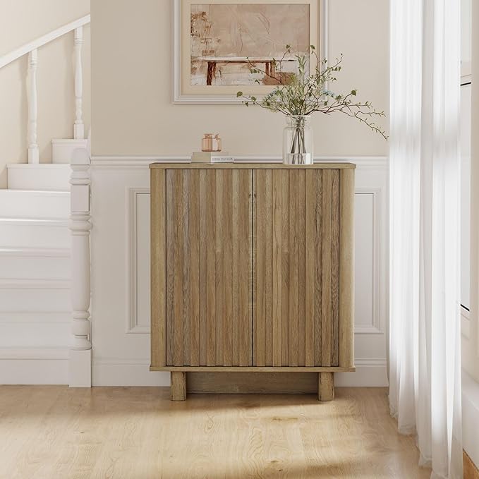 Natural Storage Cabinet Set, Freestanding Floor Cabinet 23.6” Farmhouse Sideboard with 2 Fluted Doors Wooden Buffet Cabinet Media Console Table Credenza for Living Room Dining Room Hallway, Singe