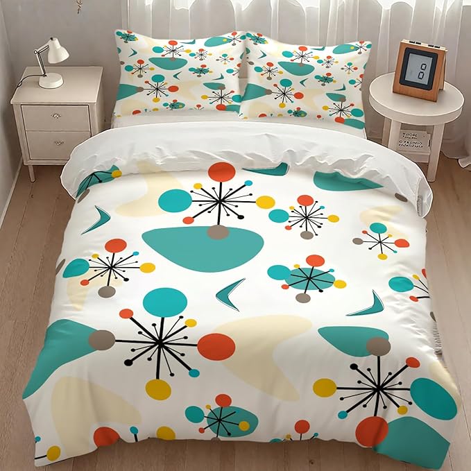 Mid Century Bedding Set,1950s 1960s Vintage Atomic Abstract Green Geometric Pattern Comforter Set with Pillowcase for Bedroom Bed Decor,King 102"x90"
