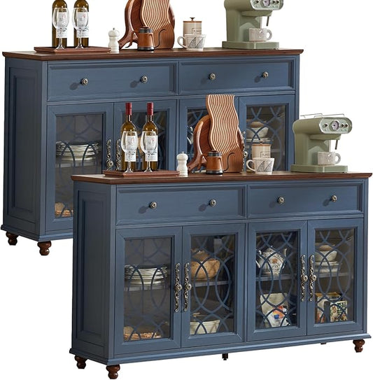 Farmhouse Sideboard Buffet Cabinet Set of 2 with Storage,59" Large Credenza with 4 Glass Doors & 2 Drawers,Adjustable Shelves Console Table,Wood Kitchen Coffee Bar for Dining Room,Blue