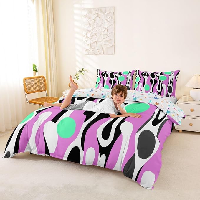 Erosebridal Organic Geometric Duvet Cover Set Modern Abstract Full Size Bedding Sets for Kids Teens Child Retro Mid Century Comforter Cover Modern Fluid Art Irregular Circles Bed Set,Lavender Green