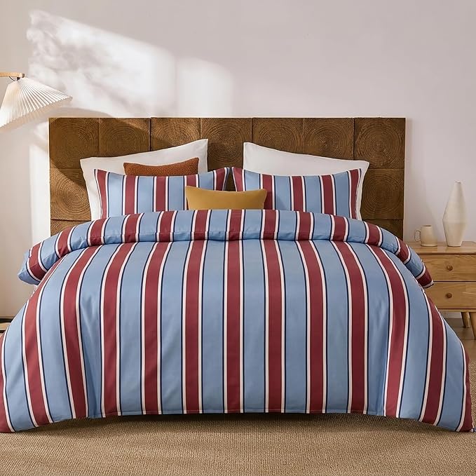 Merryword Burgundy and Blue Striped Duvet Cover Set King Size, 100% Cotton Bedding Set with Zipper Closure & 8 Corner Ties, Awning Stripe Bedding, Soft Breathable Comforter Cover for All Seasons