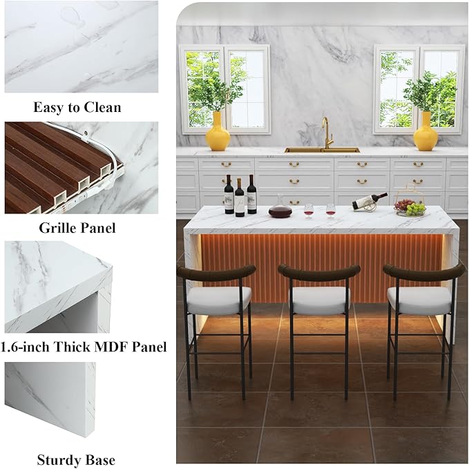 71" Large Imitation Marble Dining Table for 6-8 People, Island Table with LED Lights, Mordern Marble Stripes Kitchen Dining Table with Grille design for Dining Room, Home, Office, Living Room（white）