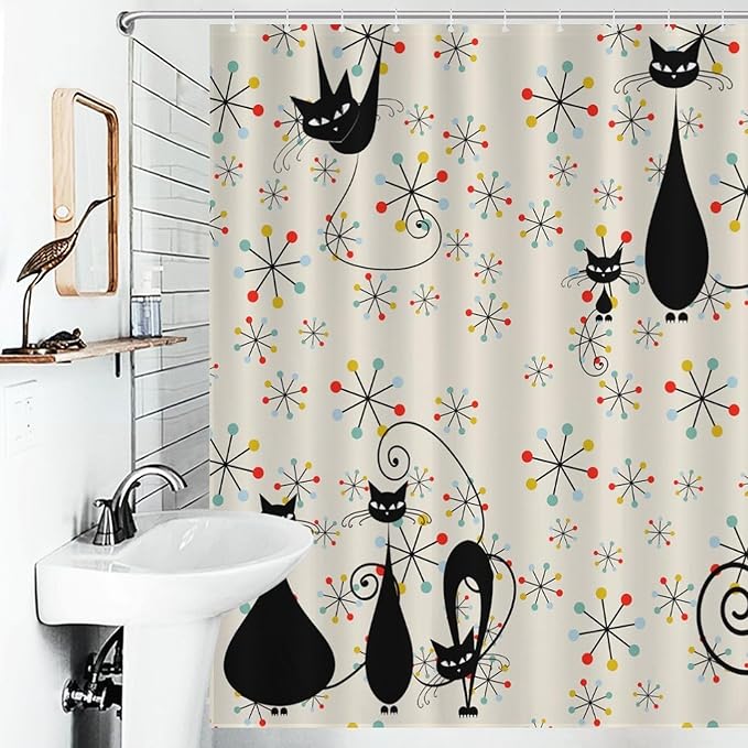 Mid Century Black Cat Shower Curtain,Atomic Cat Modern Abstract Geometric Iconic Pattern 1950s Vintage Funny Decor Fabric Bathroom Curtain with Hooks 66x72in（168x183cm）