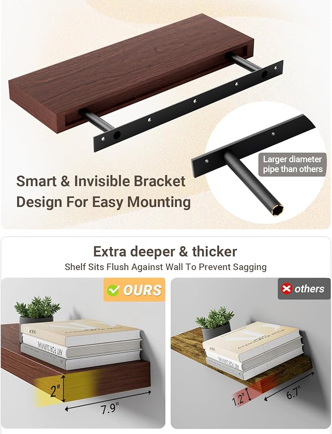 Walnut Floating Shelves, 2 Inch Thick Wooden Floating Shelves for Wall Mounted, 8 Inch Deep Shelves Over Toilet, 32"x8" Wall Shelves for Kitchen Living Room Bathroom, 50LBS Capacity, Set of 2