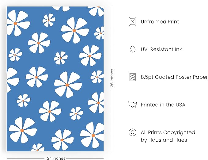HAUS AND HUES Daisy Flower Painting - Blue Floral Art for Room Aesthetic (Unframed, 24x36)