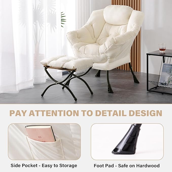 Tiita Modern Large Accent Lounge Lazy Chair, Leisure Sofa Reading Armchair with Ottoman, Footrest for Bedroom, Living Room, Dorm Rooms, Garden