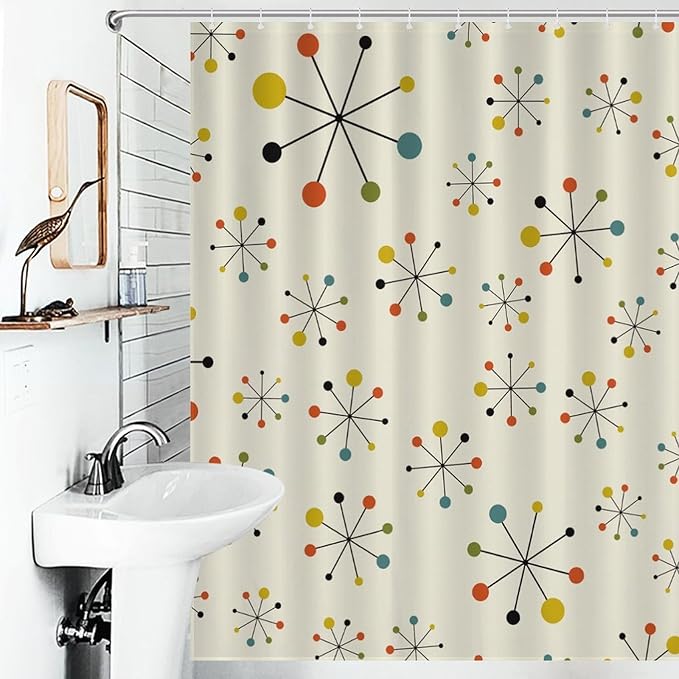 Mid Century Modern Shower Curtain for Bathroom, Abstract Geometric Atomic Iconic Retro 1950s 1960s Pastel Vintage Rustic Waterproof Fabric Shower Curtain Set with Hooks, 72"x72"