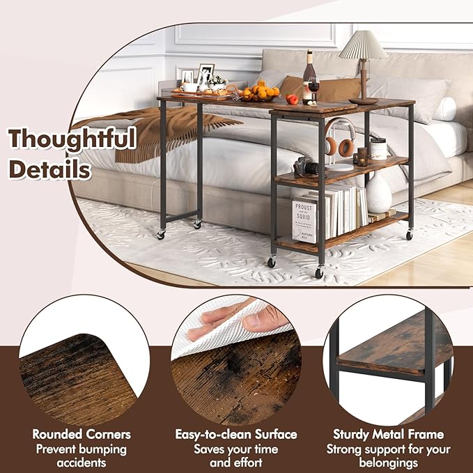 Giantex 360 Rotating End Table, Large Rustic Brown Walnut & Alloy Steel, 40" X 12", 2-Tier Storage Shelves, 265 lbs Weight Capacity