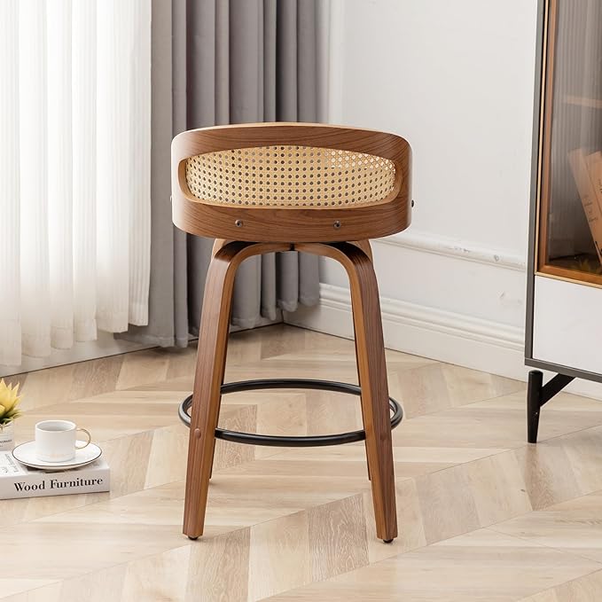 26" Swivel Rattan Bar Stools Set of 2,Mid-Century Modern Black Faux Leather Upholstered Counter Height Stools,Kitchen Island Barstool with Rattan Low Backrest,Walnut Wood Finish Bar Chairs