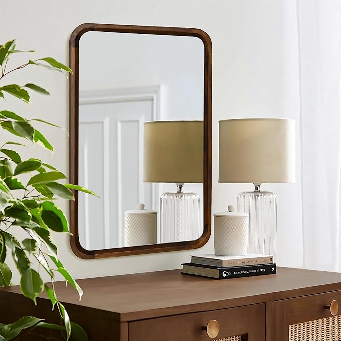 Wood Bathroom Mirror for Wall,Rectangle 24 x 36 inch Hanging Vanity Brown Tempered Mirrors with Rounded Corner for Living Room,Bedroom,Entryway (Walnut, 24x36 Inch)