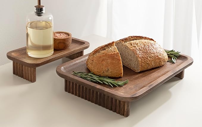 Kate and Laurel Risecroft Modern Two-Piece Ribbed Elevated Tray Set, 2 Piece Set, Walnut Brown, Mid-Century Food-Safe Serving Trays for Use as Charcuterie Board Set or Sponge Holders
