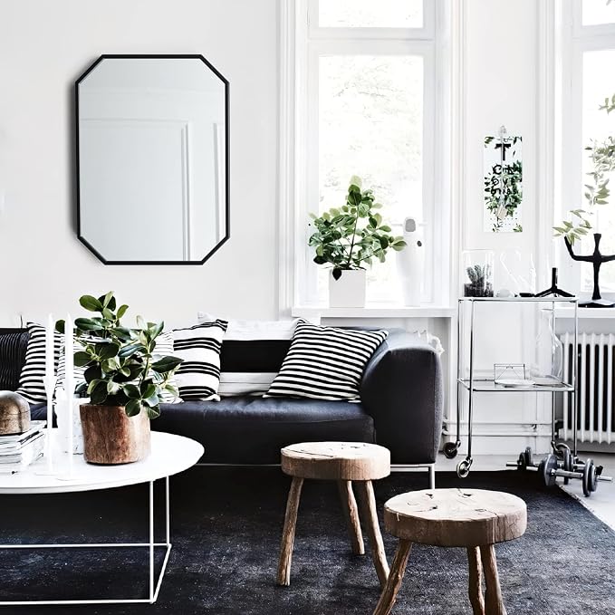 20"x28" Octagon Metal Mirror, Farmhouse Black Bathroom Mirror, Rectangle Wall Mounted Vanity Mirror Hanging for Bedroom Entryway Living Room Farmhouse Horizontal/Vertical