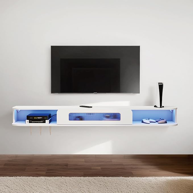 Floating TV Stand with LED Lights, 47'' Solid Wood Wall Mounted TV Cabinet with Glass Door, Mid-Century Entertainment Media Console Center Large Storage Shelf Under TV (47.24IN, White)