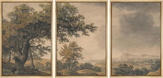MUDECOR Framed Wall Art Print Set Vintage Landscape Rustic Tree and Mountain View Illustrations Decorative Colorful for Living Room, Bedroom, Office - 24"x36"x3 Natural