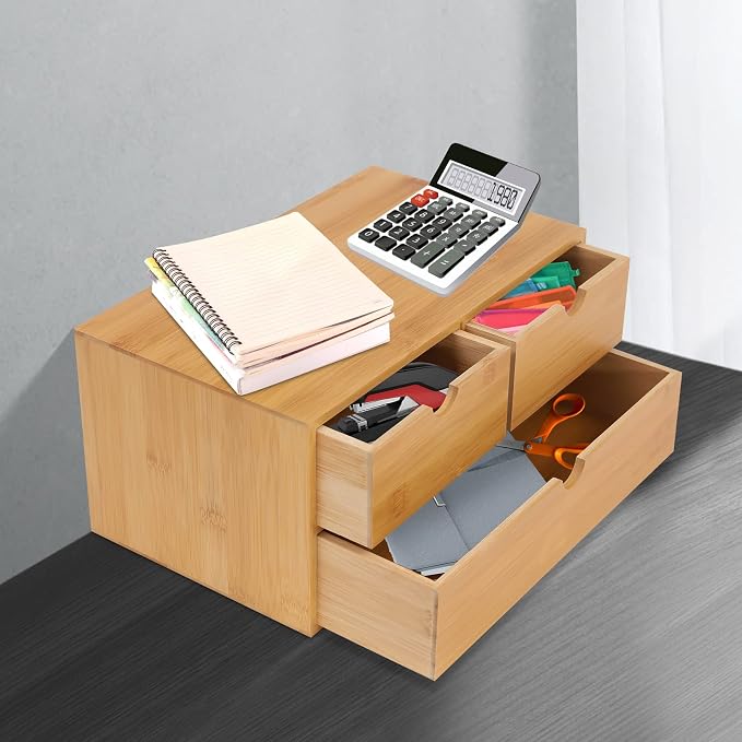 Bamboo Desk Organizer Small Retro Bamboo Tabletop Storage Box with Drawers& Recess Handles for Office Home Supplies Table Storage Collector 13 * 7.5 * 6in (3 Drawers/2 Top&1 Bottom)