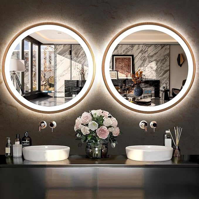 36 Inch Wood Frame LED Round Mirror with Lights 3 Color Dimmable Smart Memory Function AntiFog 36" Wood Framed Circle Round Lighted Vanity Mirror with Lights for Bathroom Wall Mounted